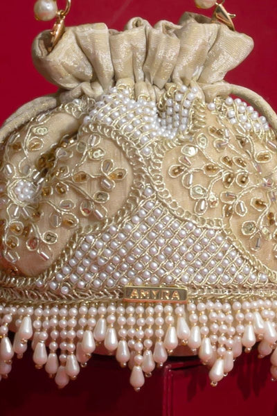 Sehra Pearl Embroidered Mini Potli - Beige