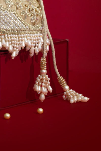Sehra Pearl Embroidered Mini Potli - Beige