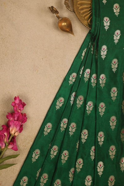 Sutra Handwoven Dupion Silk Gold Zari Fabric - Dark Green