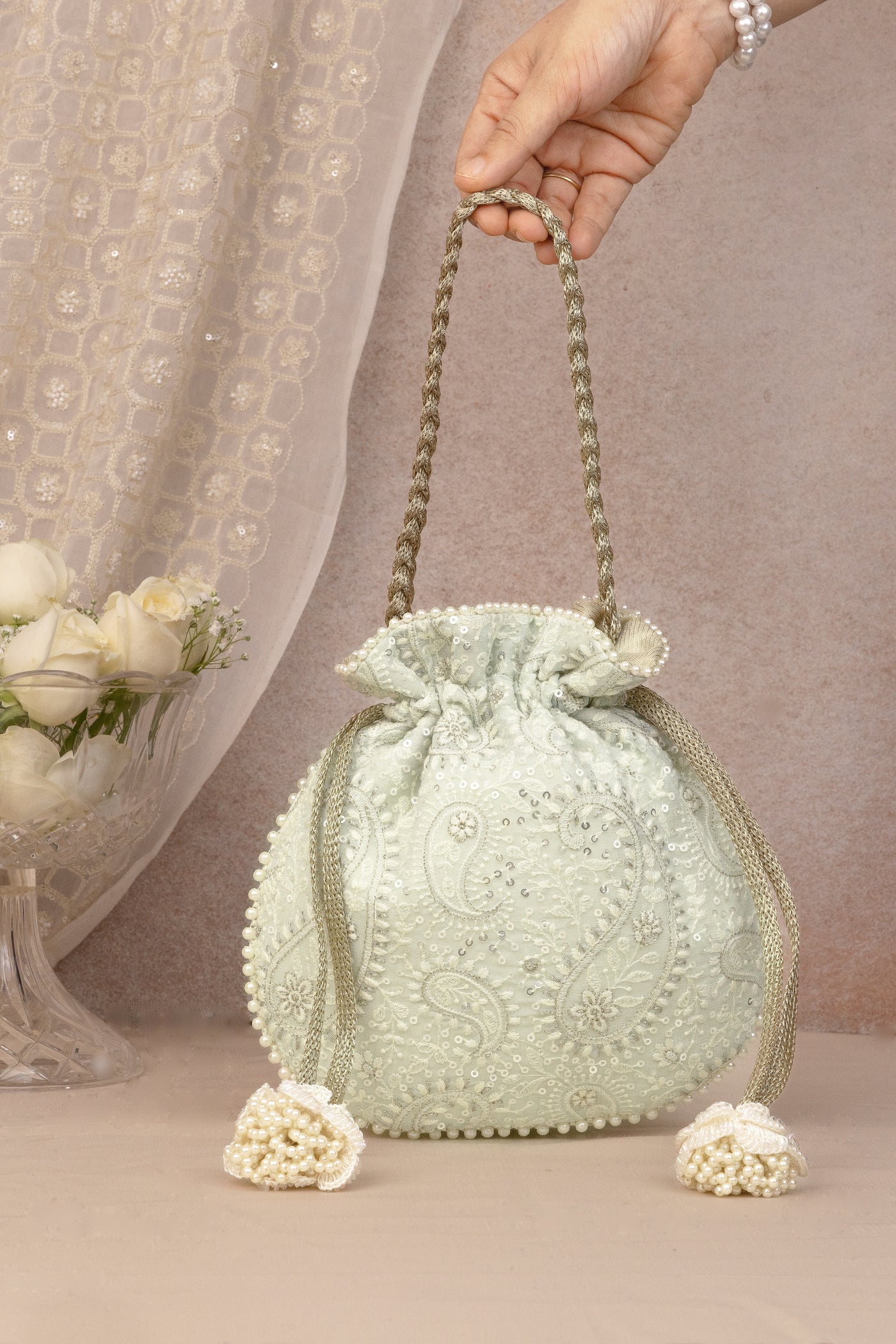 Rhea Threadwork Potli - Mint