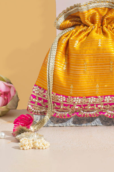 Tari Silk Potli - Mustard & Pink