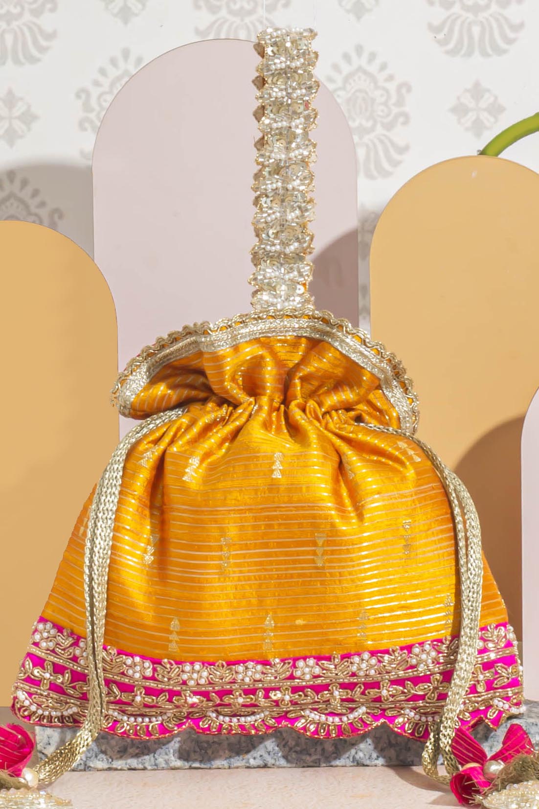 Tari silk potli - mustard & pink