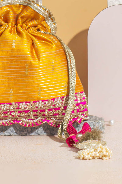 Tari Silk Potli - Mustard & Pink