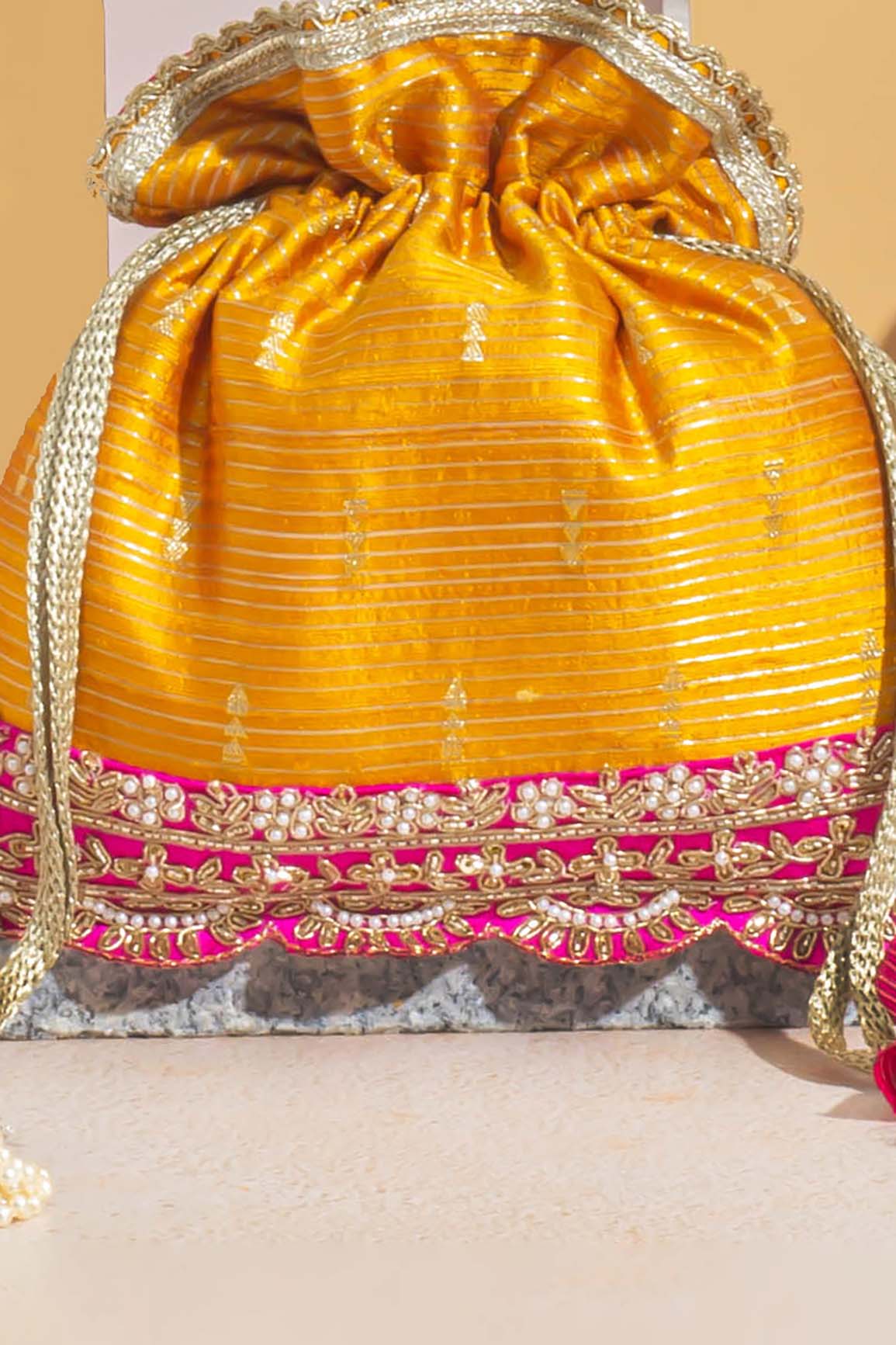 Tari silk potli - mustard & pink