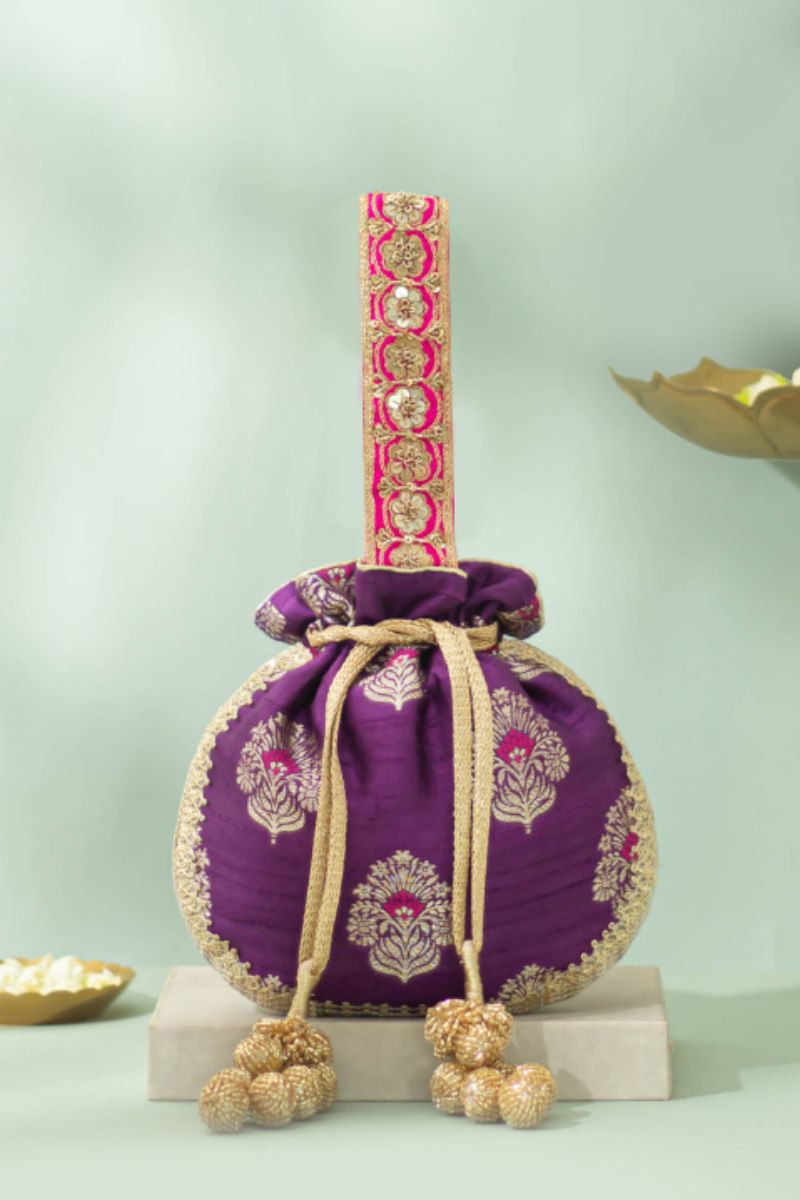 Tantavi Pure Raw Silk Embellished Potli - Violet