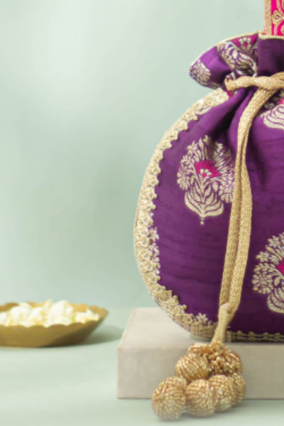 Tantavi Pure Raw Silk Embellished Potli - Violet