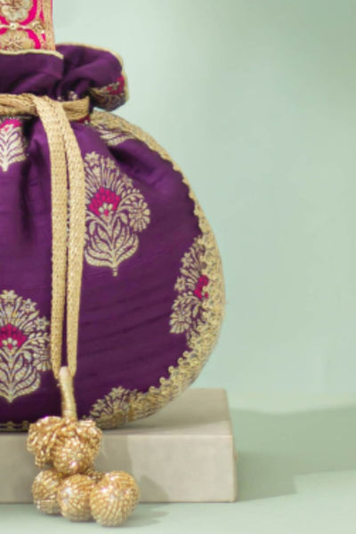 Tantavi Pure Raw Silk Embellished Potli - Violet