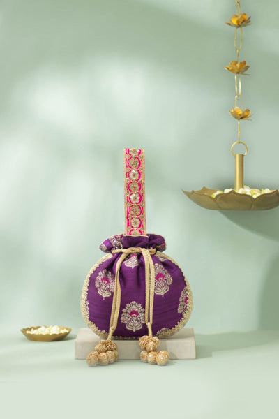 Tantavi Pure Raw Silk Embellished Potli - Violet