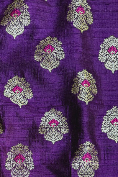 Tantavi Handwoven Raw Silk Silver Zari Fabric - Violet