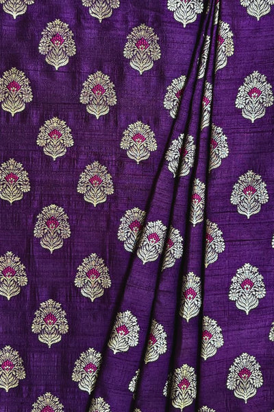 Tantavi Handwoven Raw Silk Silver Zari Fabric - Violet