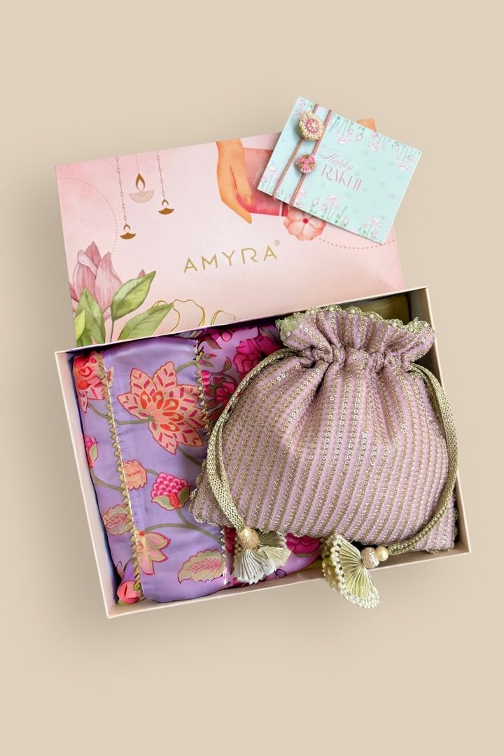 Rakhi Hamper - Tara Wedding Favor Potli - Lilac & Madhura Lavender Dupatta Box