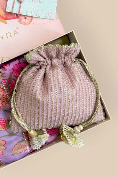Rakhi Hamper - Tara Wedding Favor Potli - Lilac & Madhura Lavender Dupatta Box