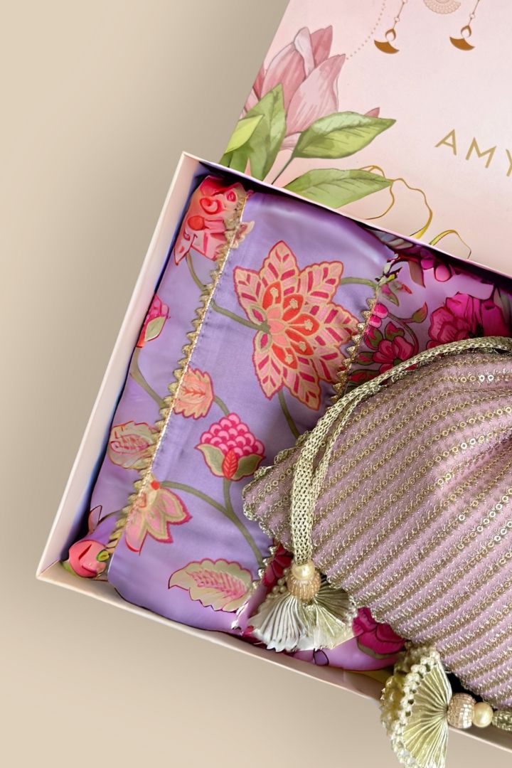Rakhi Hamper - Tara Wedding Favor Potli - Lilac & Madhura Lavender Dupatta Box