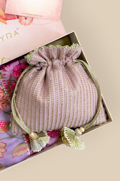 Gift Hamper - Tara Wedding Favor Potli - Lilac & Madhura Lavender Dupatta Box