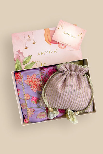 Gift Hamper - Tara Wedding Favor Potli - Lilac & Madhura Lavender Dupatta Box