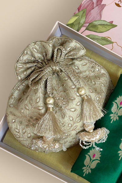 Mother's Day Hamper - Tarang cutwork potli - Light gold & Fabric Box