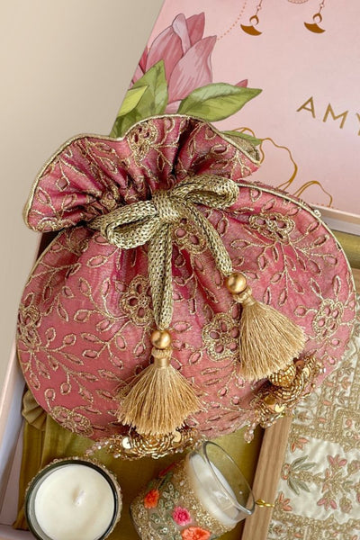 Mother's Day Hamper - Tarang cutwork potli - Pink - Home & Candle Box