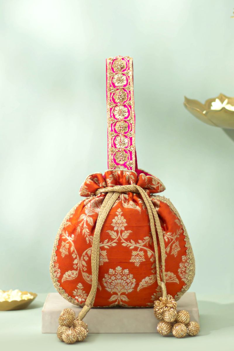 Taroob Pure Raw Silk Embellished Potli - Rust Orange