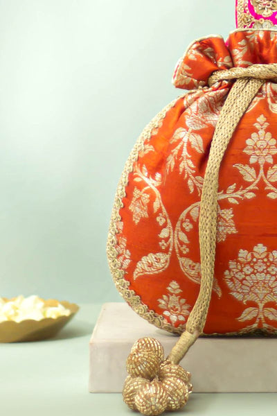 Taroob Pure Raw Silk Embellished Potli - Rust Orange