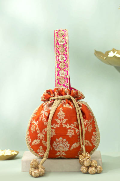 Taroob Pure Raw Silk Embellished Potli - Rust Orange