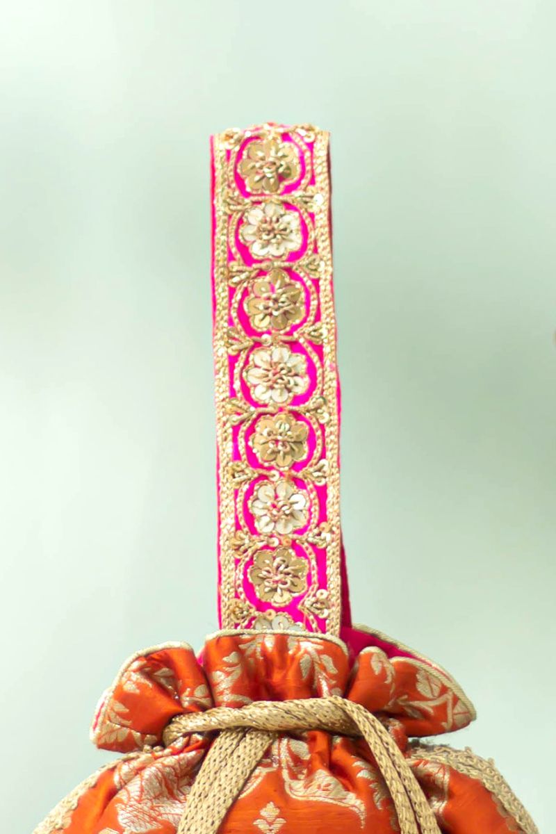 Taroob Pure Raw Silk Embellished Potli - Rust Orange