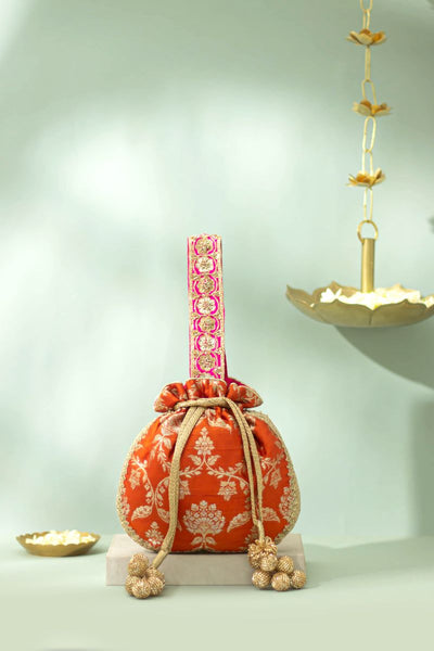 Taroob Pure Raw Silk Embellished Potli - Rust Orange