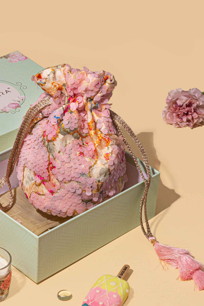 Gift hamper - Tia Sequin Potli Bag Baby Pink - Wellness & floral candle box