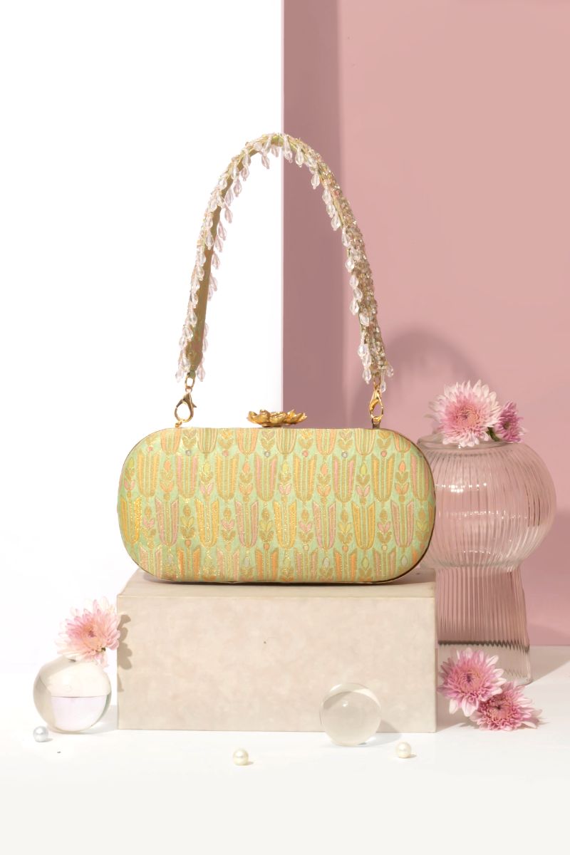 Titli Pure Banarasi Silk Capsule Clutch - Green