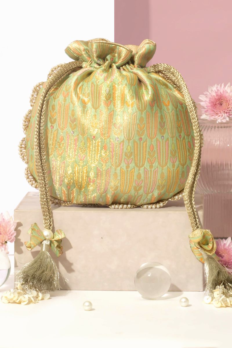 Titli Pure Banarasi Silk Potli - Green