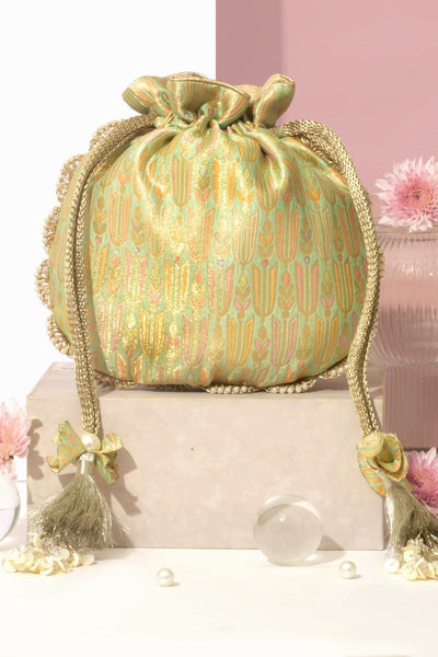Titli Pure Banarasi Silk Potli - Green