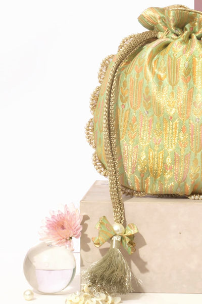 Titli Pure Banarasi Silk Potli - Green