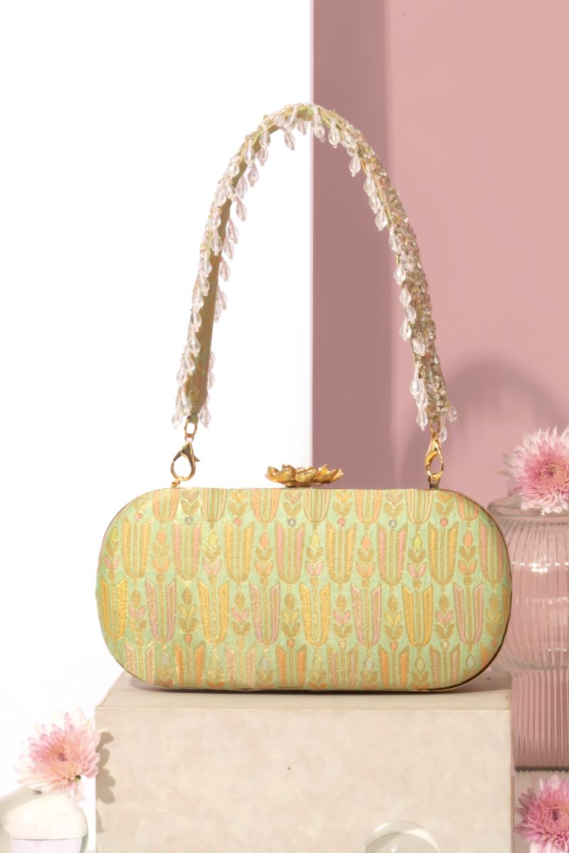 Titli Pure Banarasi Silk Capsule Clutch - Green