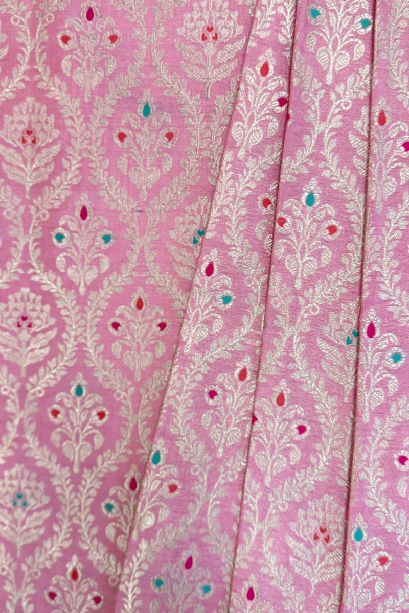 Veha Handloom Katan Silk with Water Gold Zari with Meena - Pastel Pink