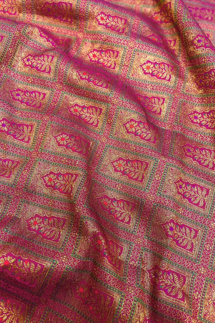 Vastra Handloom Katan Silk with Antique Zari Fabric - Dark Pink