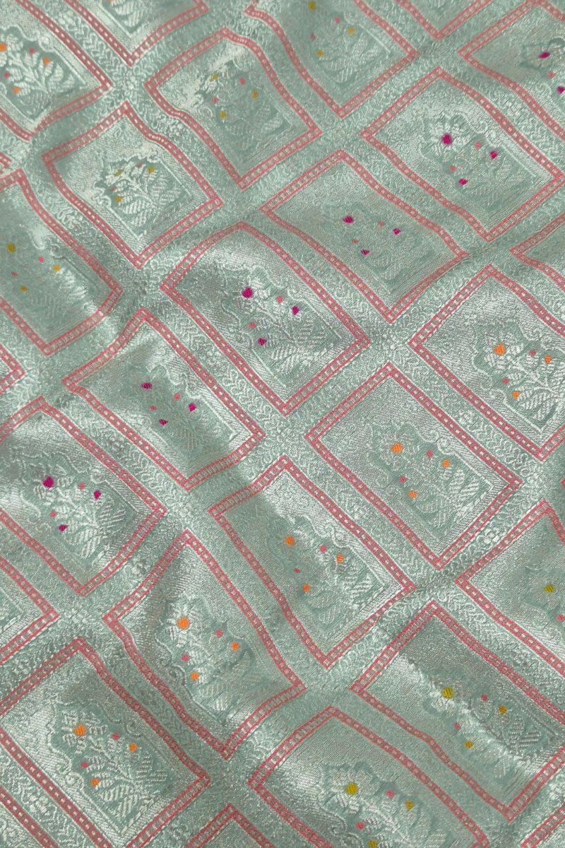 Vastra Handloom Katan Silk with Gold Zari with Meena work Fabric - Teal