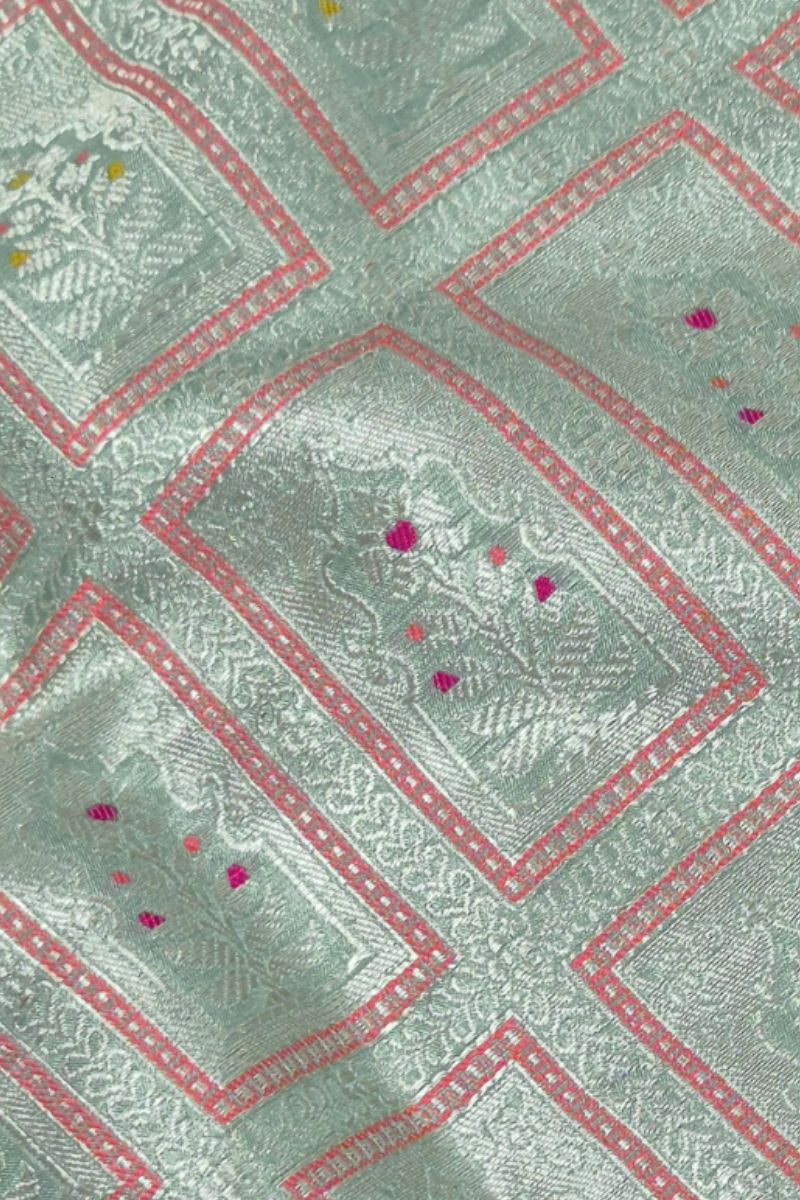 Vastra Handloom Katan Silk with Gold Zari with Meena work Fabric - Teal