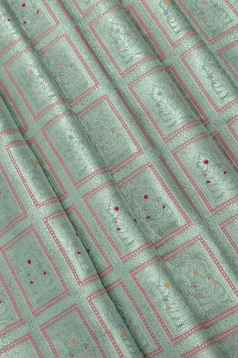 Vastra Handloom Katan Silk with Gold Zari with Meena work Fabric - Teal