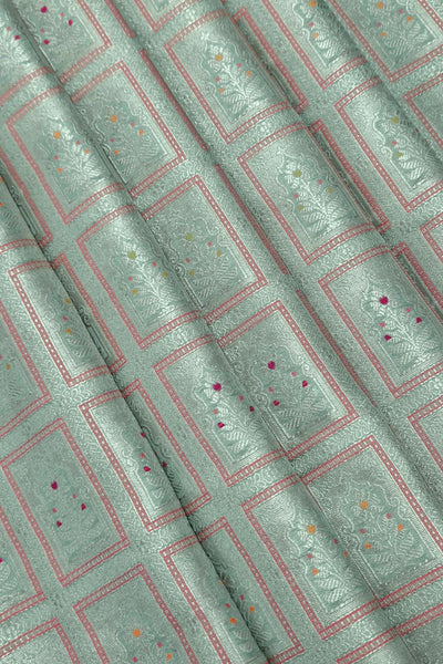 Vastra Handloom Katan Silk with Gold Zari with Meena work Fabric - Teal