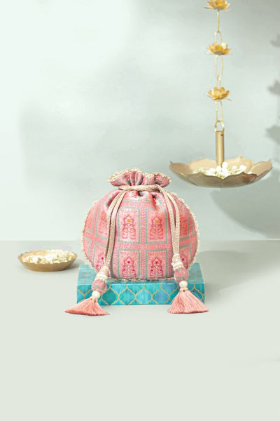 Vastra Pure Banarasi Silk Potli - Dusty Pink