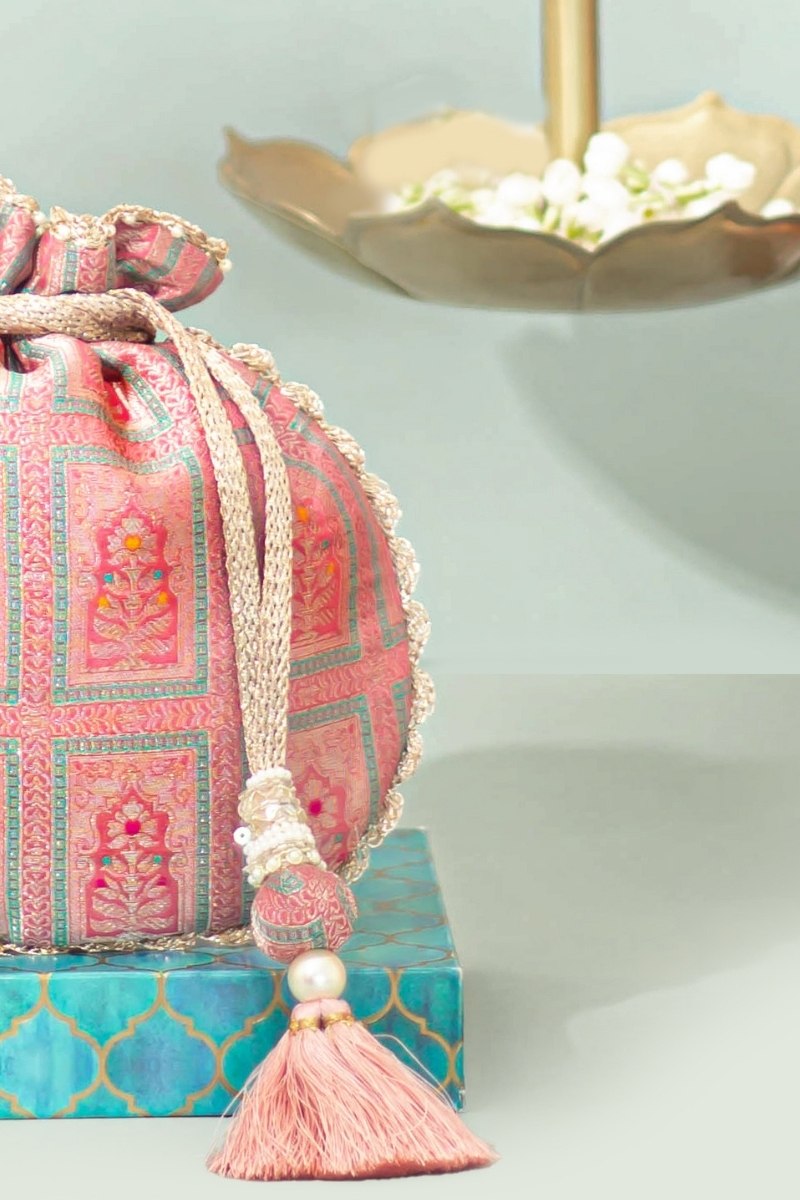 Vastra Pure Banarasi Silk Potli - Dusty Pink