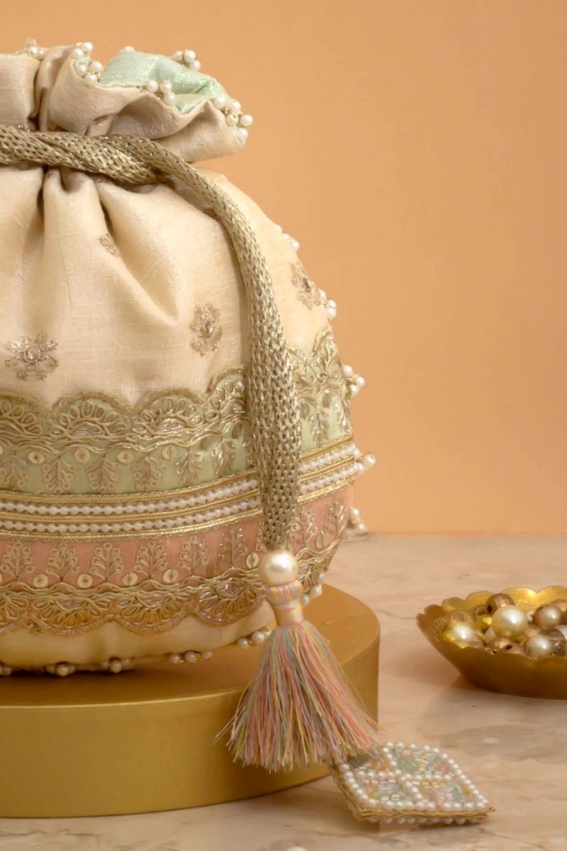 Vibha Embroidered Potli - Mint & Pink