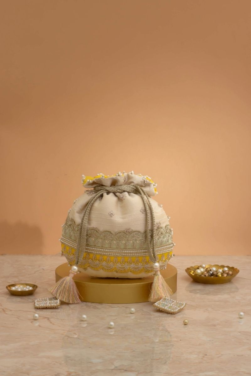 Vibha Embroidered Potli - Mint & Yellow
