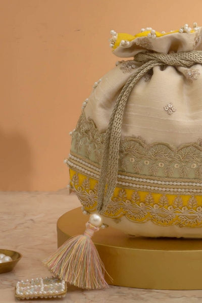 Vibha Embroidered Potli - Mint & Yellow