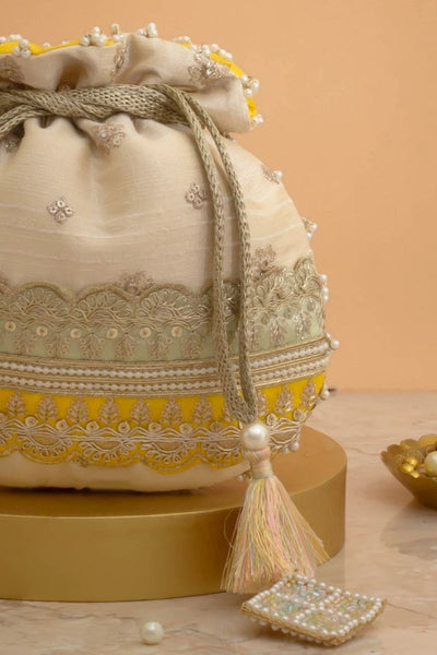 Vibha Embroidered Potli - Mint & Yellow