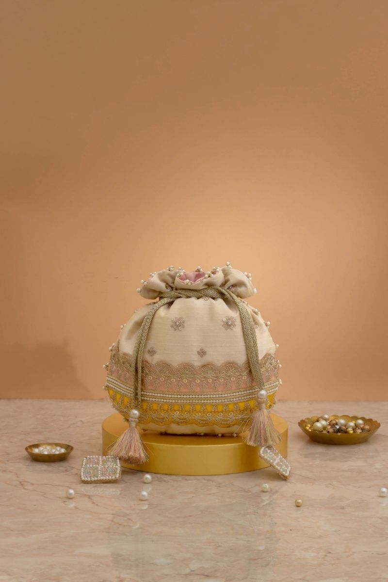 Vibha Embroidered Potli - Pink & Yellow