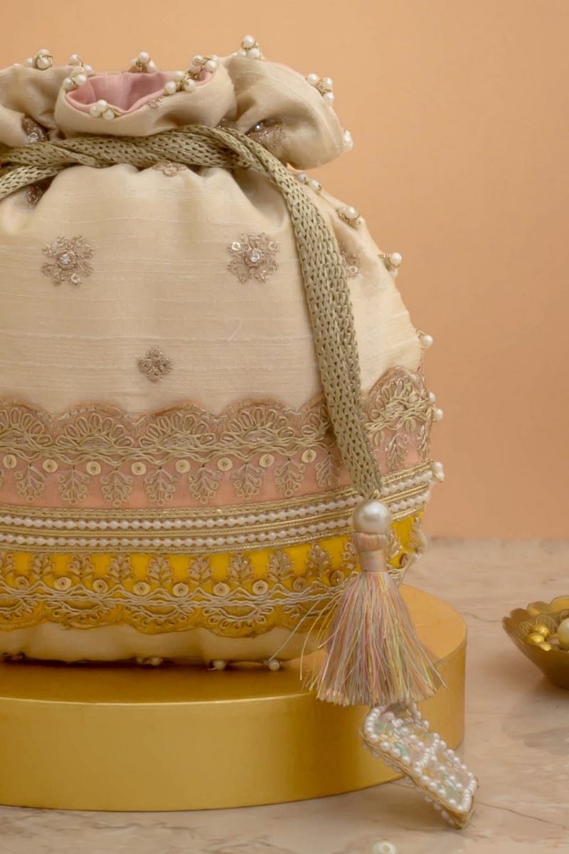 Vibha Embroidered Potli - Pink & Yellow