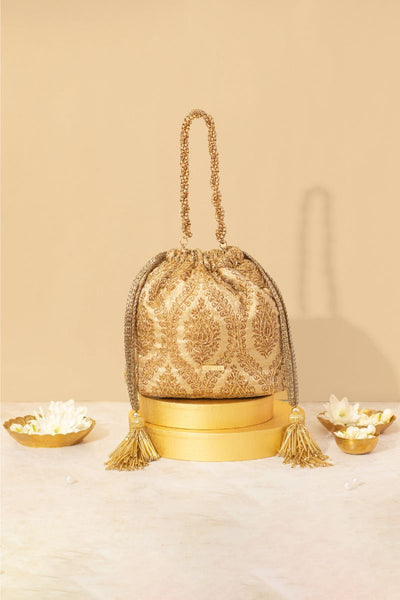 Viha Embroidered Brocade Bucket Bag - Gold