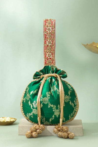 Yasmi Pure Raw Silk Embellished Potli - Dark Green
