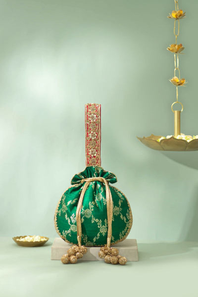 Yasmi Pure Raw Silk Embellished Potli - Dark Green