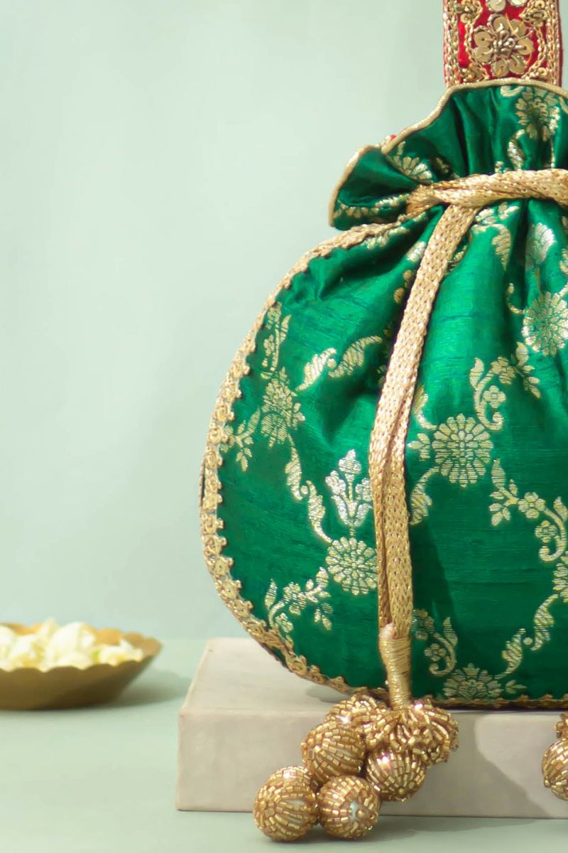Yasmi Pure Raw Silk Embellished Potli - Dark Green